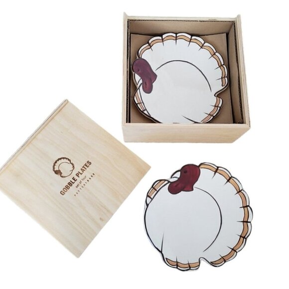 Pottery Barn Turkey 7" Appetizer Dessert Salad Gobble Plates Set of 4 - Picture 1 of 11